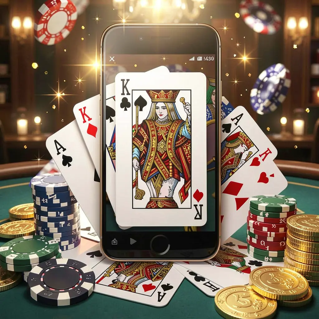 JYJILI mobile gaming application concept featuring a smartphone surrounded by playing cards, roulette chips, gold coins, and sparkling lights in a premium casino style JYJILI mobile gaming application concept featuring a smartphone surrounded by playing cards, roulette chips, gold coins, and sparkling lights in a premium casino style