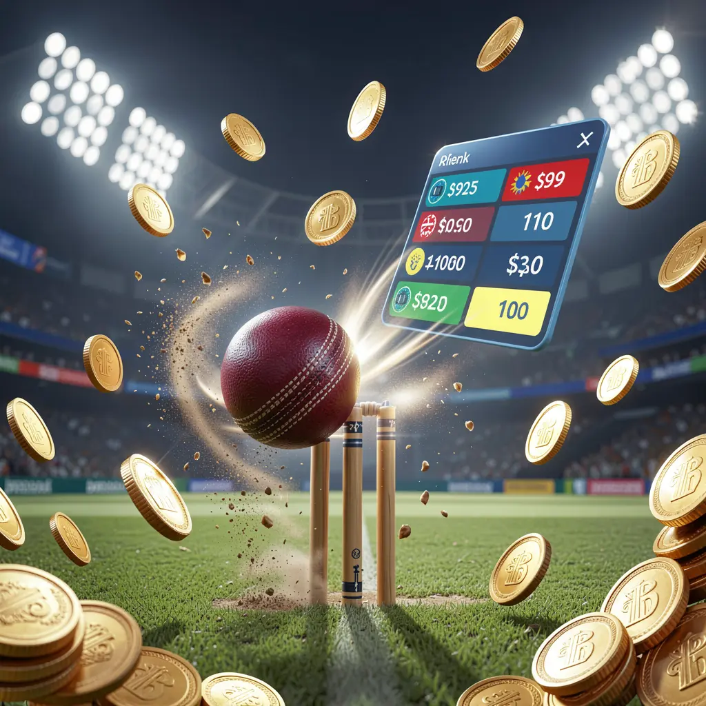 JYJILI cricket match betting banner showing a cricket ball hitting the wickets with dynamic motion under stadium lights, featuring a floating odds interface and coins in a premium sports atmosphere JYJILI cricket match betting banner showing a cricket ball hitting the wickets with dynamic motion under stadium lights, featuring a floating odds interface and coins in a premium sports atmosphere
