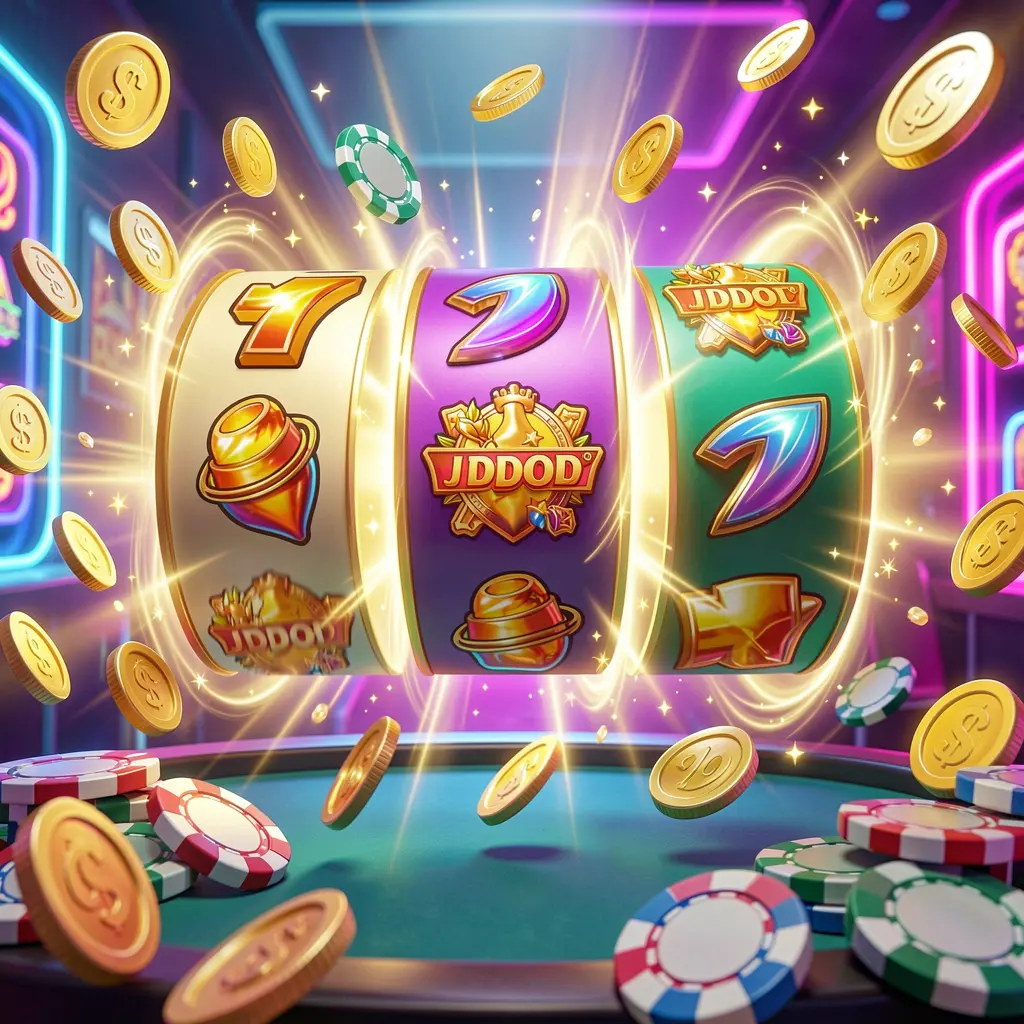 JYJILI online casino free spins bonus concept featuring colorful slot machine reels spinning with golden light effects, flying coins, jackpot symbols, and casino chips on a vibrant neon background in a high quality 3D render JYJILI online casino free spins bonus concept featuring colorful slot machine reels spinning with golden light effects, flying coins, jackpot symbols, and casino chips on a vibrant neon background in a high quality 3D render