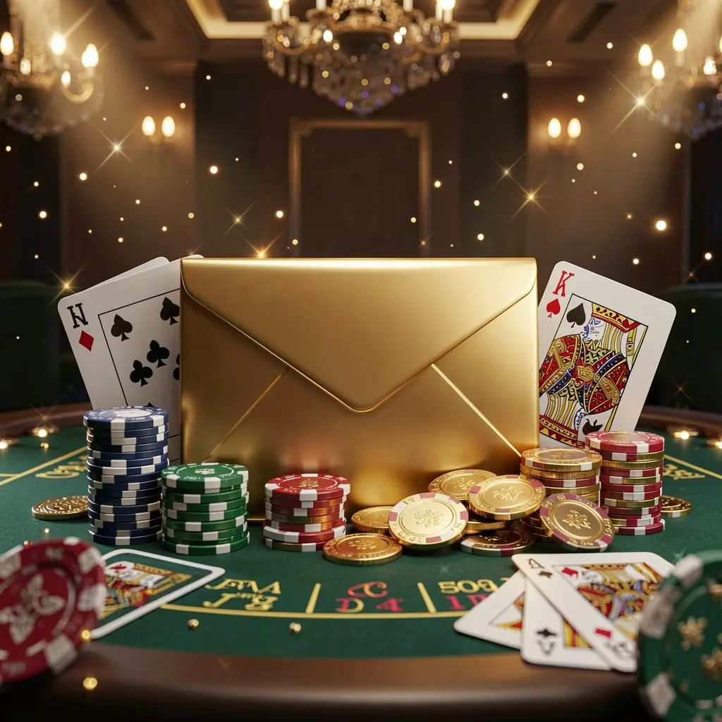 JYJILI exclusive casino promotion scene featuring a golden envelope surrounded by chips, coins, and playing cards with sparkling lights on a luxury dark background in a cinematic 3D render JYJILI exclusive casino promotion scene featuring a golden envelope surrounded by chips, coins, and playing cards with sparkling lights on a luxury dark background in a cinematic 3D render