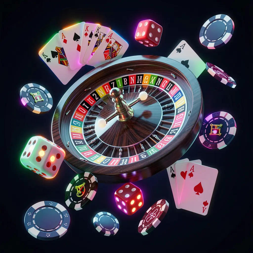JYJILI online casino games collection featuring a neon glowing roulette wheel, blackjack cards, dice, slot symbols, and poker chips floating together in a premium 3D render JYJILI online casino games collection featuring a neon glowing roulette wheel, blackjack cards, dice, slot symbols, and poker chips floating together in a premium 3D render