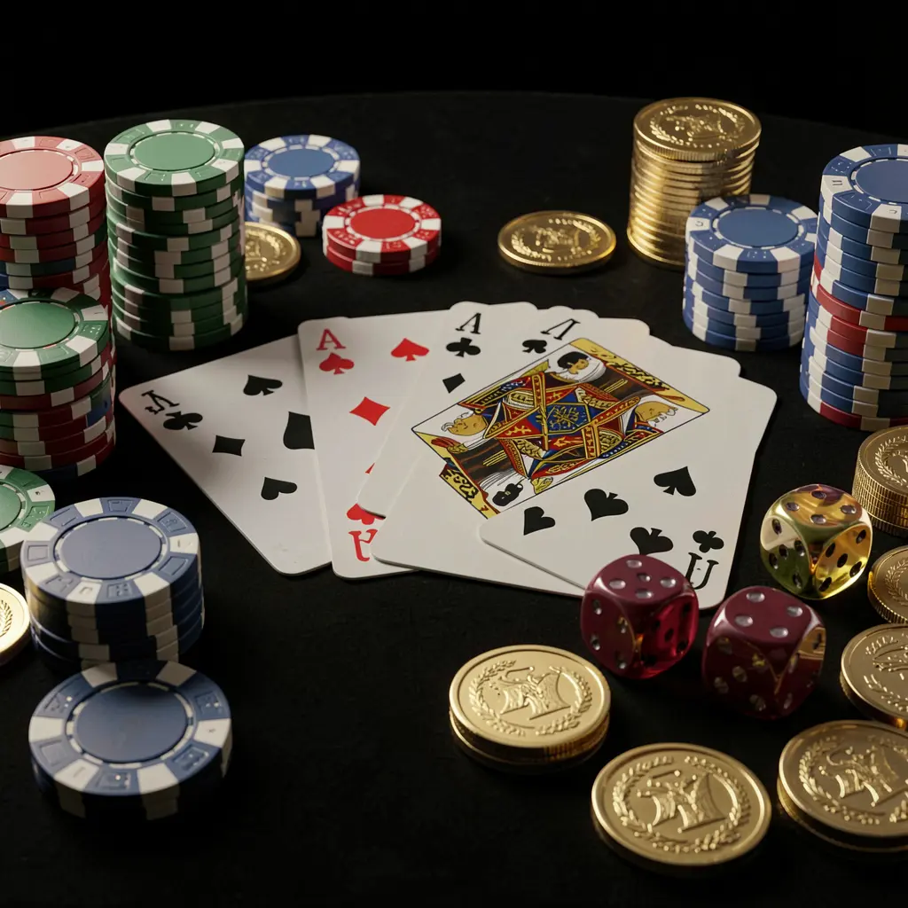 Elegant JYJILI casino table close-up featuring poker chips, playing cards, dice, and gold coins with soft cinematic lighting on a luxury black background Elegant JYJILI casino table close-up featuring poker chips, playing cards, dice, and gold coins with soft cinematic lighting on a luxury black background