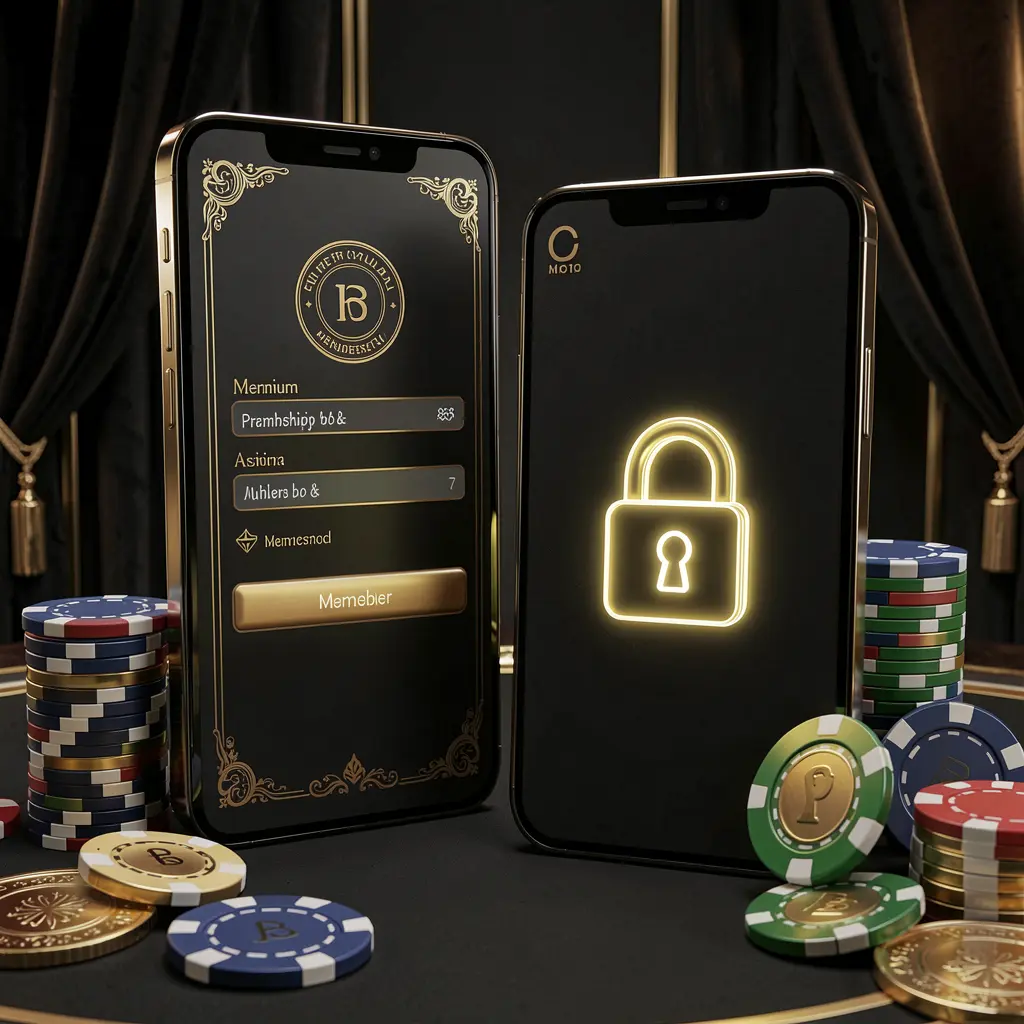 JYJILI casino member login concept showing a premium membership card next to a smartphone with a glowing lock symbol, surrounded by poker chips and coins on a black and gold luxury background in a realistic 3D illustration