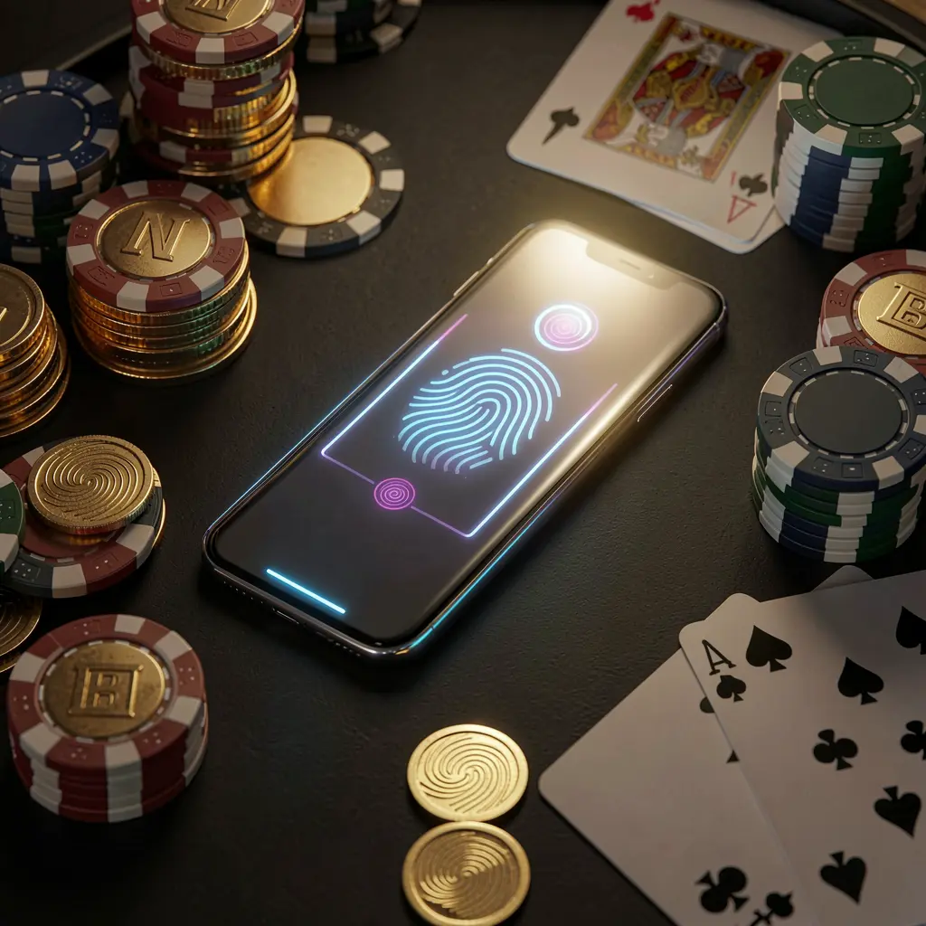 JYJILI online casino authentication concept showing a phone with glowing fingerprint scan on a premium black table surrounded by poker chips, golden coins, and playing cards in a cinematic 3D render