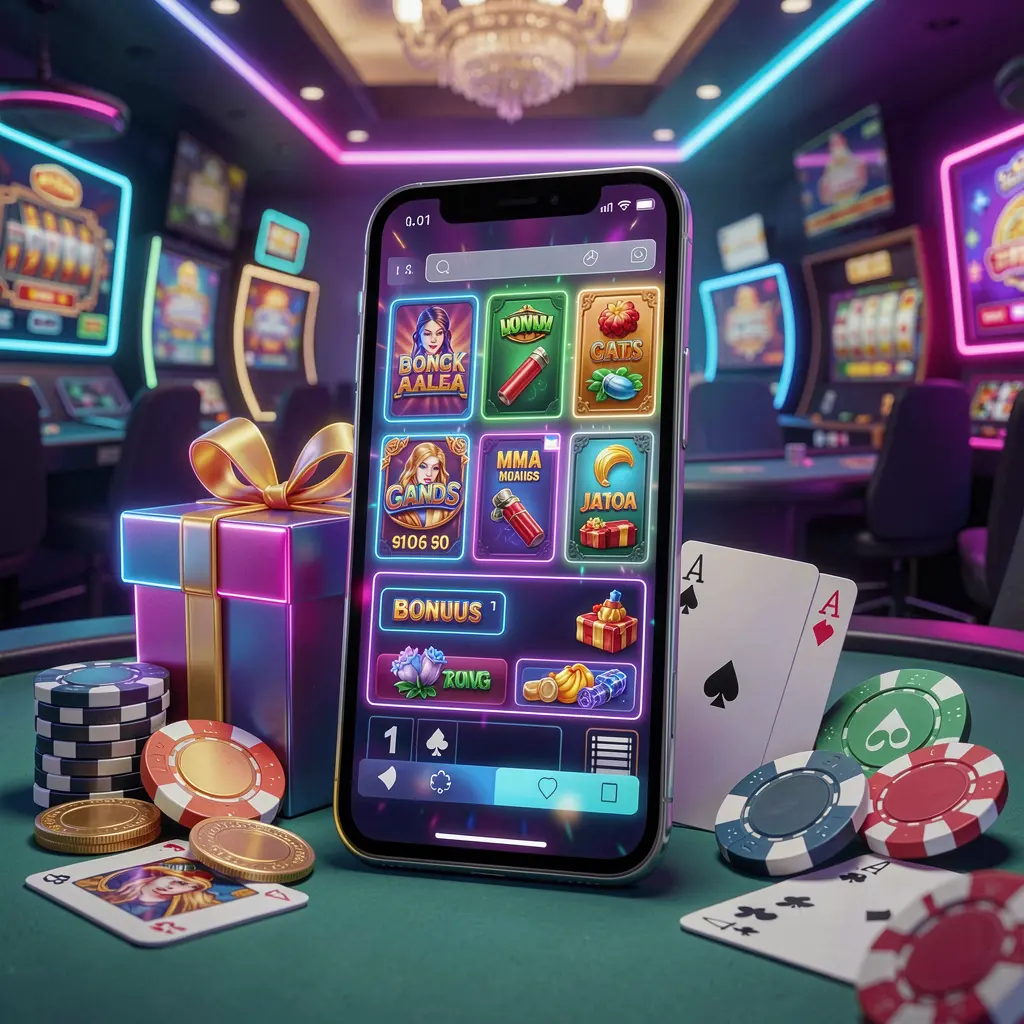 Modern casino website hero scene featuring a smartphone with glowing interface surrounded by bonus gift box, chips, coins, and playing cards in premium neon casino style by JYJILI