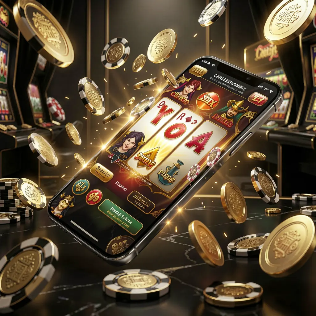 Modern online casino main page visual by JYJILI, featuring a smartphone with a glowing gaming interface surrounded by flying coins and chips in a black and gold luxury atmosphere